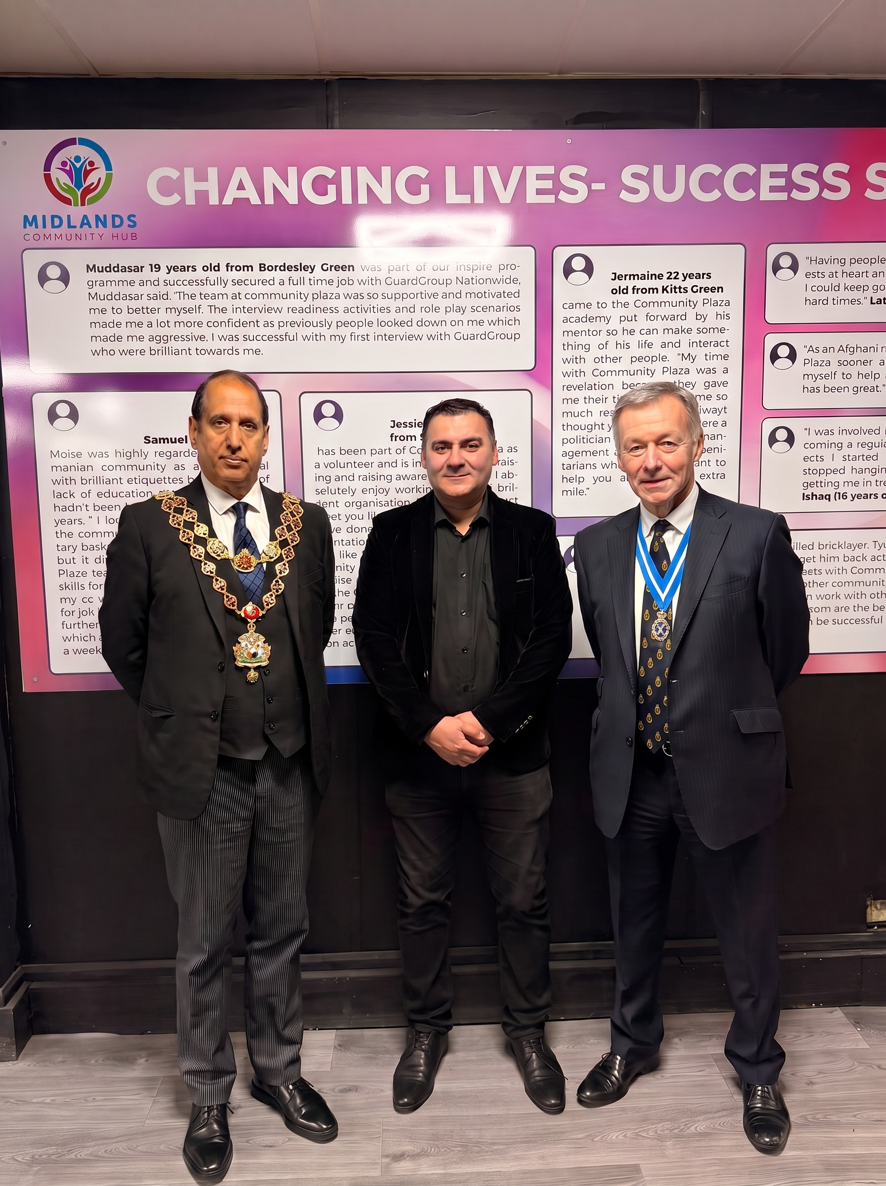 Midlands Community Hub founder with Lord Mayor at the success stories wall
