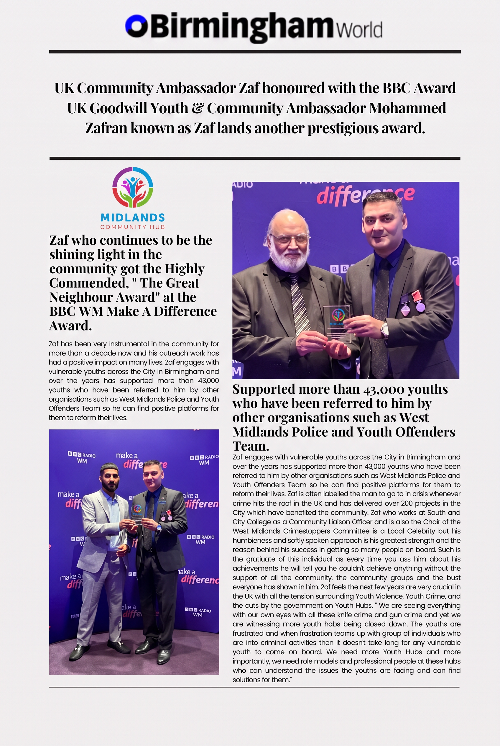 Birmingham World feature on Mohammed Zafran's BBC Make A Difference Award