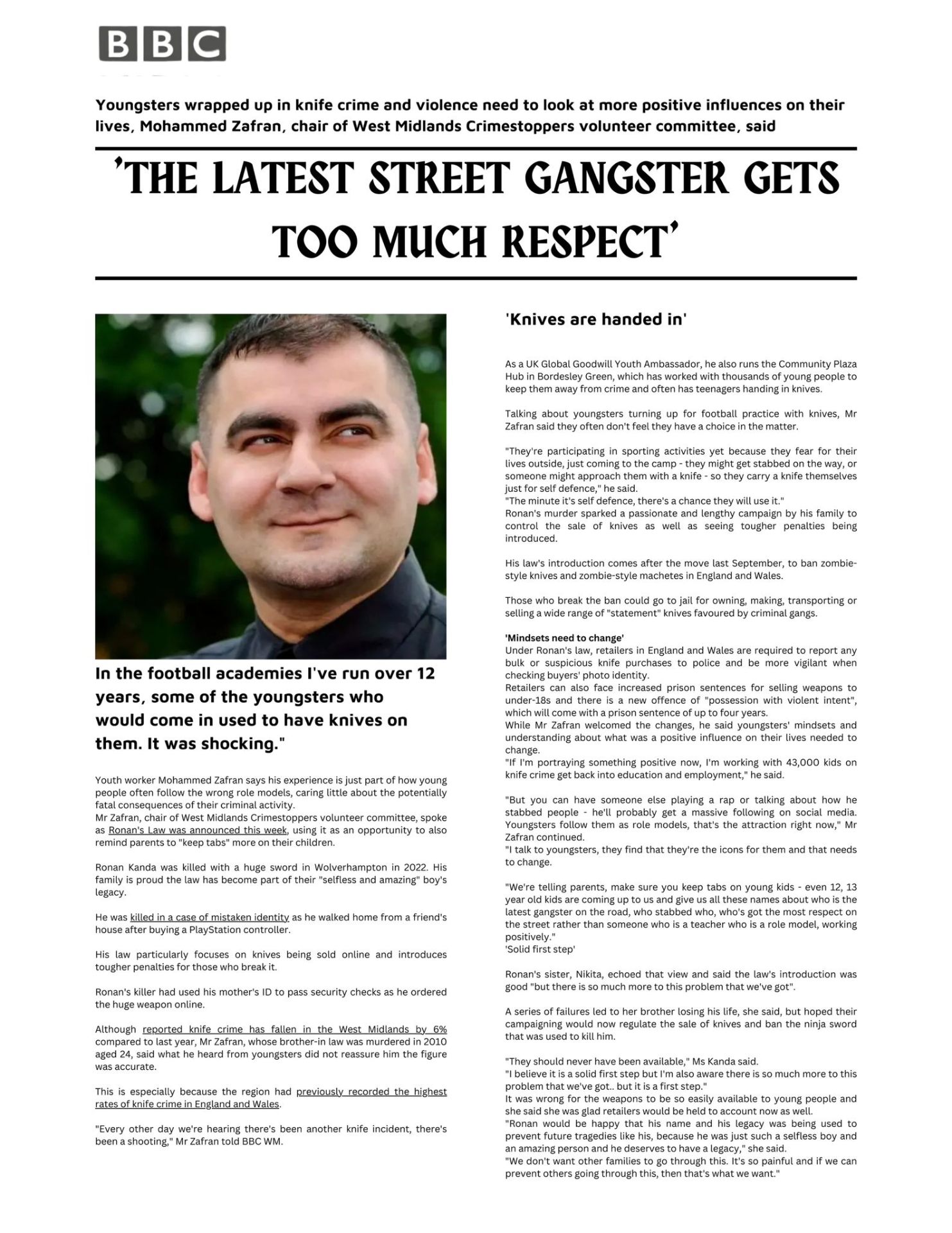 BBC News feature on Mohammed Zafran tackling knife crime