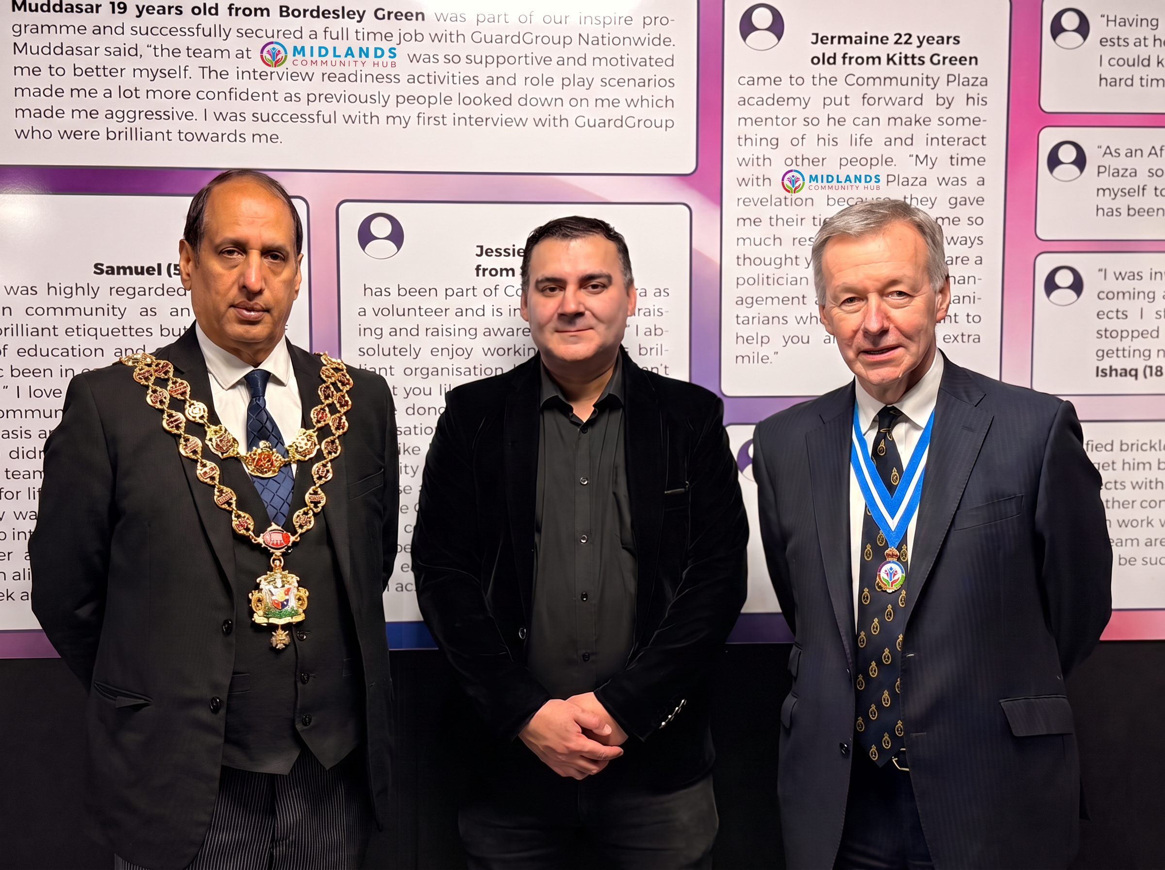 Mohammed Zafran with the Lord Mayor and High Sheriff at Midlands Community Hub success wall