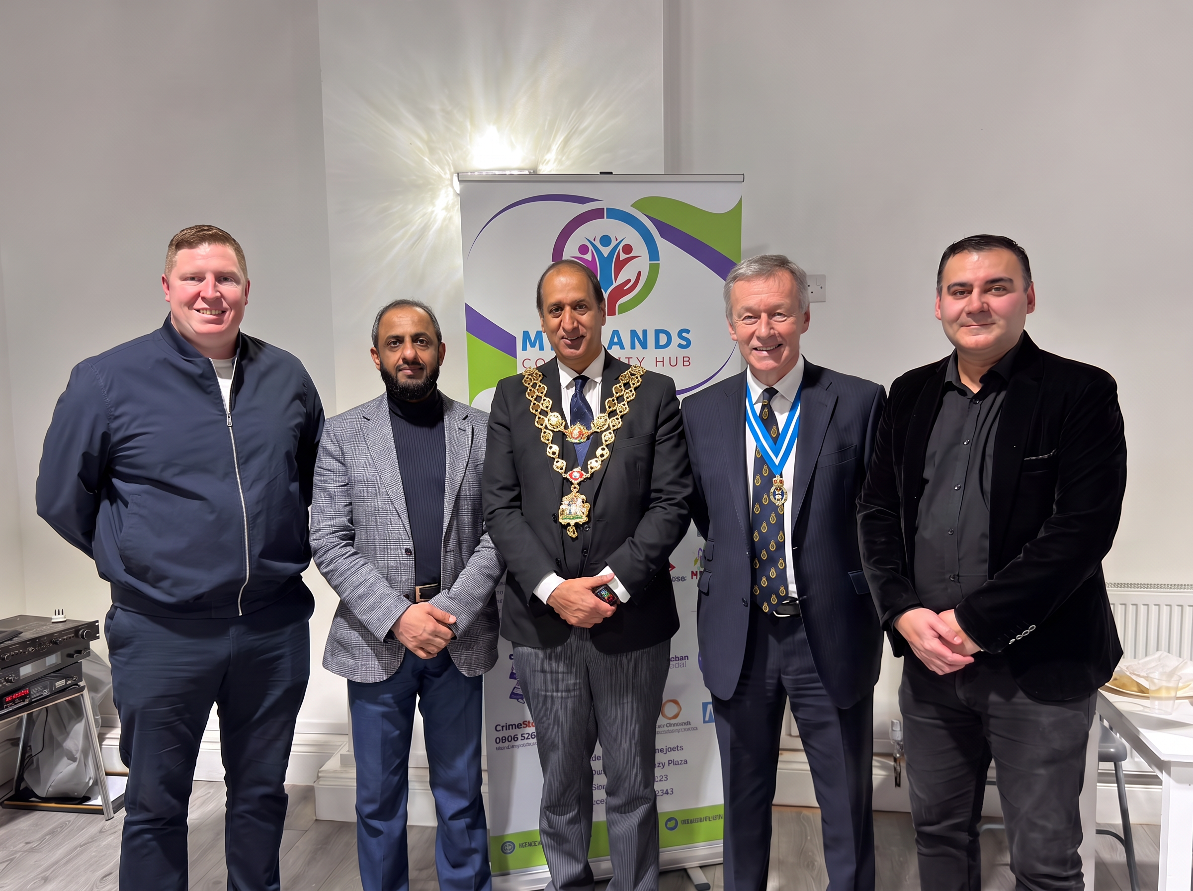 Midlands Community Hub founder with Lord Mayor and High Sheriff at the Plaza