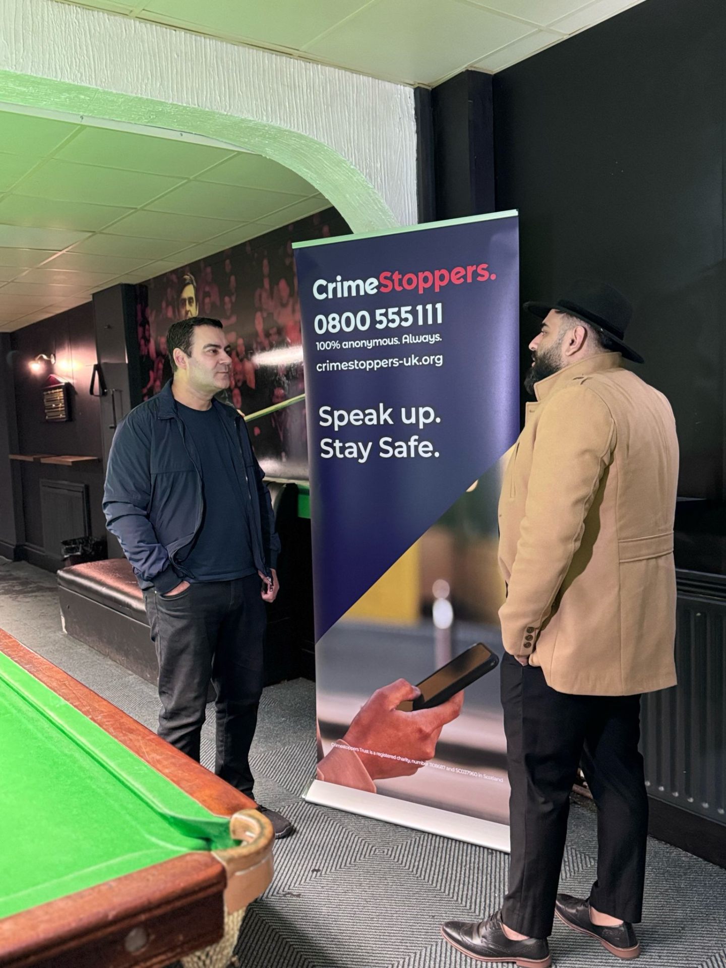 Midlands Community Hub outreach with Crimestoppers Speak Up Stay Safe campaign at snooker hall